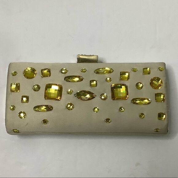 Kate Landry Gold Jeweled Clutch Satin Gold RN 58909 Two Chain Handles - Picture 3 of 14